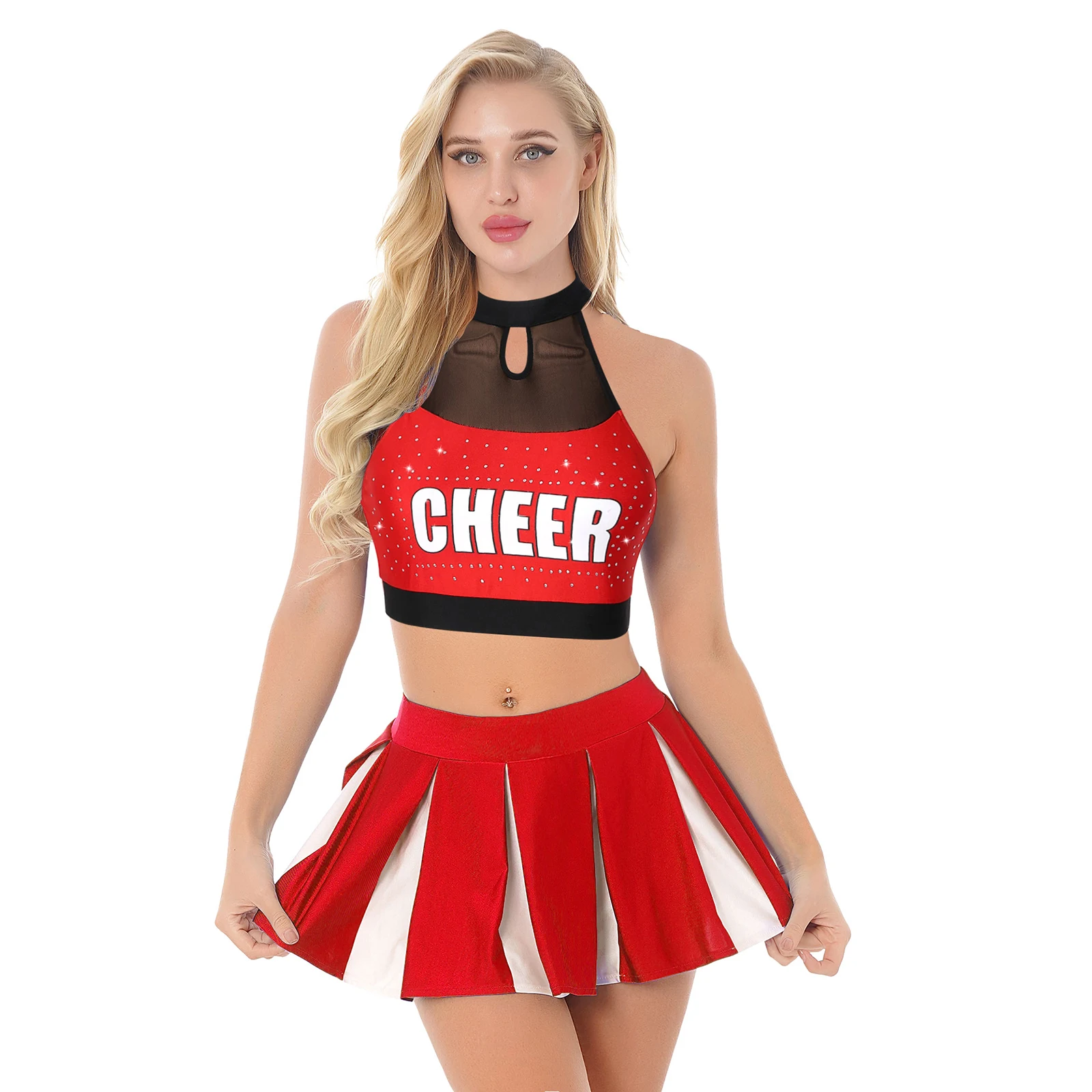 

Women Adult Cheerleading Uniform Cosplay Outfit Letter Printing Lingerie Shiny Rhinestone Halter Crop Top with Pleated Skirt