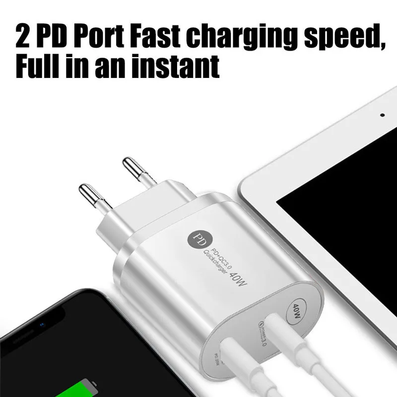 40W Dual Usb C Charger Fast Charging QC 3.0 Wall Adapter Type C For Iphone 13 12 11 Huawei Xiaomi Samsung