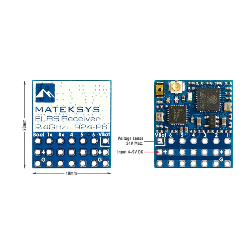 

Ресивер MATEKSYS ELRS-R24-P6 EXPRESSLRS 2,4G 6CH PWM, ресивер ExpressLRS 3,0 VBAT с датчиком напряжения для радиоуправляемого самолета с фиксированным крылом
