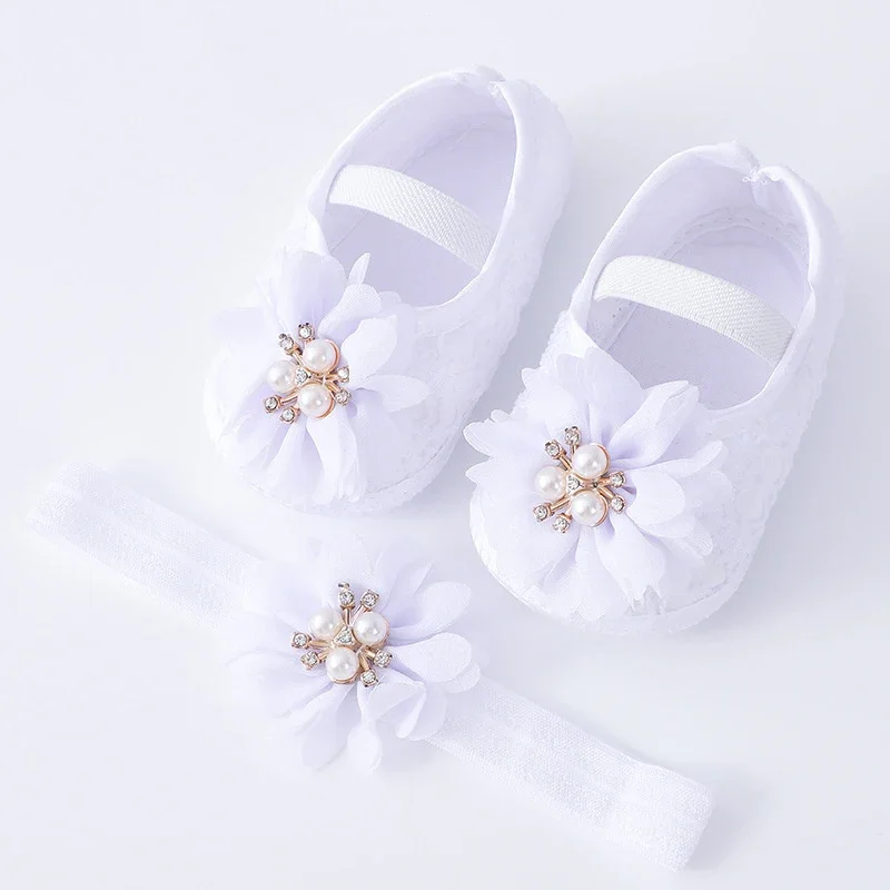 Baby Girl Shoes 0-18months Baby Girls Shoes And Headband Soft Sole Non-Slip Pearl Flower Princess Wedding Dress Crib Shoes Newborn Girls