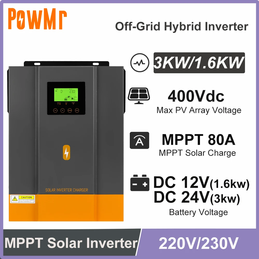 อินเวอร์เตอร์พลังงานแสงอาทิตย์แบบไฮบริด PowMr 1.6KW 3KW 12V 24V DC เป็น 230VAC 80A พร้อมตัวควบคุมการชาร์จพลังงานแสงอาทิตย์ MPPT คลื่นไซน์บริสุทธิ์ ระบบออฟกริด 1