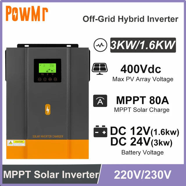 อินเวอร์เตอร์พลังงานแสงอาทิตย์แบบไฮบริด PowMr 1.6KW 3KW 12V 24V DC เป็น 230VAC 80A พร้อมตัวควบคุมการชาร์จพลังงานแสงอาทิตย์ MPPT คลื่นไซน์บริสุทธิ์ ระบบออฟกริด 1