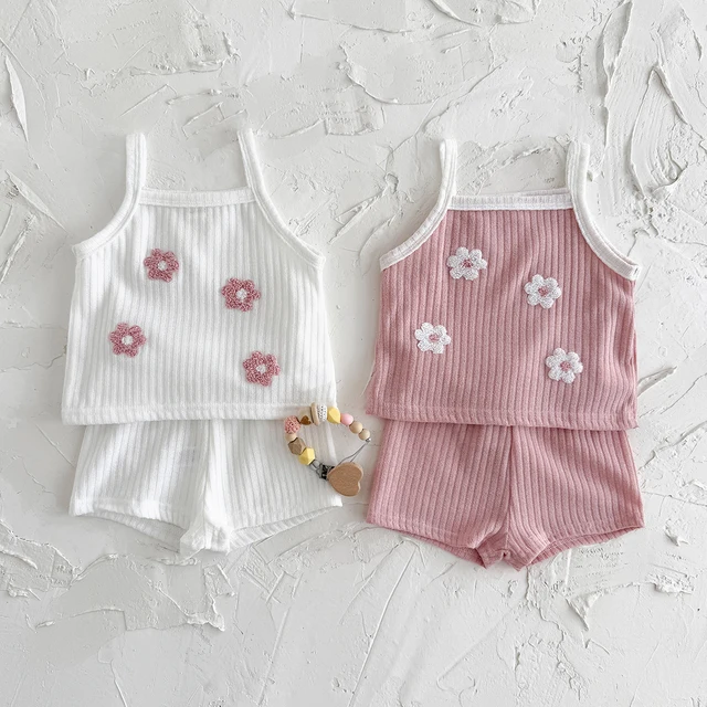 2Pcs/set Summer New Baby Girls Clothing Casual Newborn Set Pink Towel Embroidery Cute Vest-type T-shirt+Shorts Baby Set 1