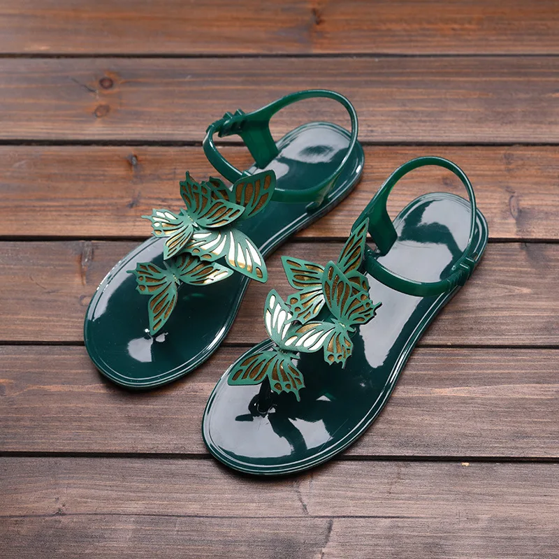 Charms Butterfly Jelly Shoes Woman Flat Heels Plastic Sandals PVC