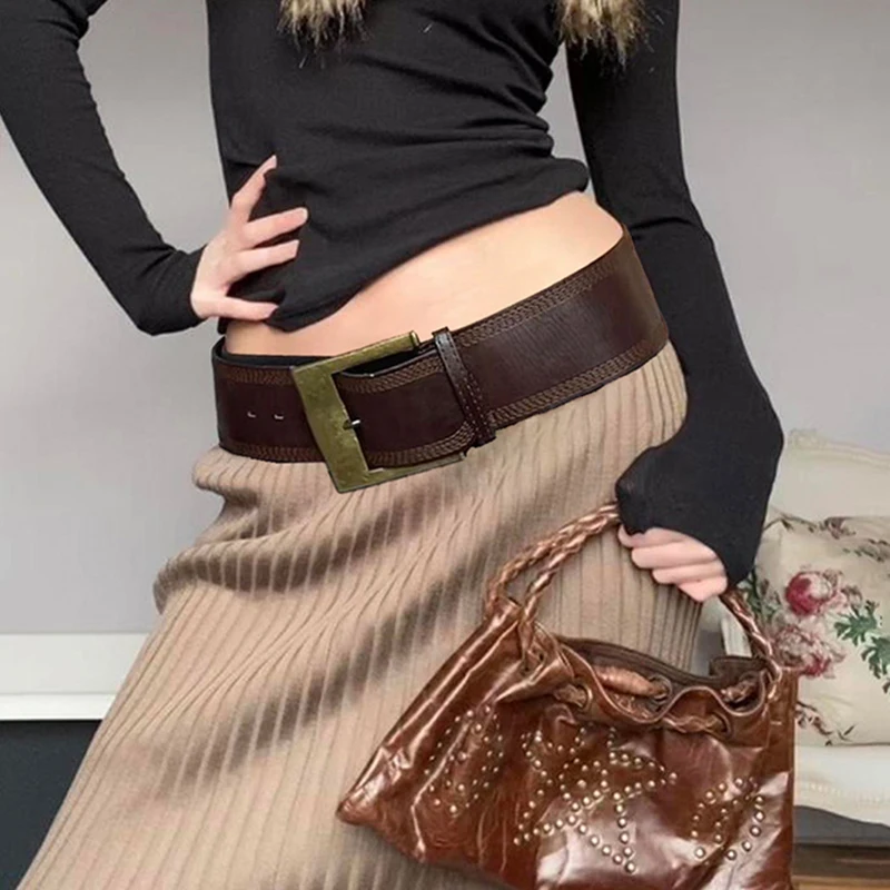 Vegan Buckle Belt  Women’s Vintage Faux PULeather Wide Metal Patchwork Waistband Womens Streetwear Y2k Retro Match Clothing Belts for Woman in brown