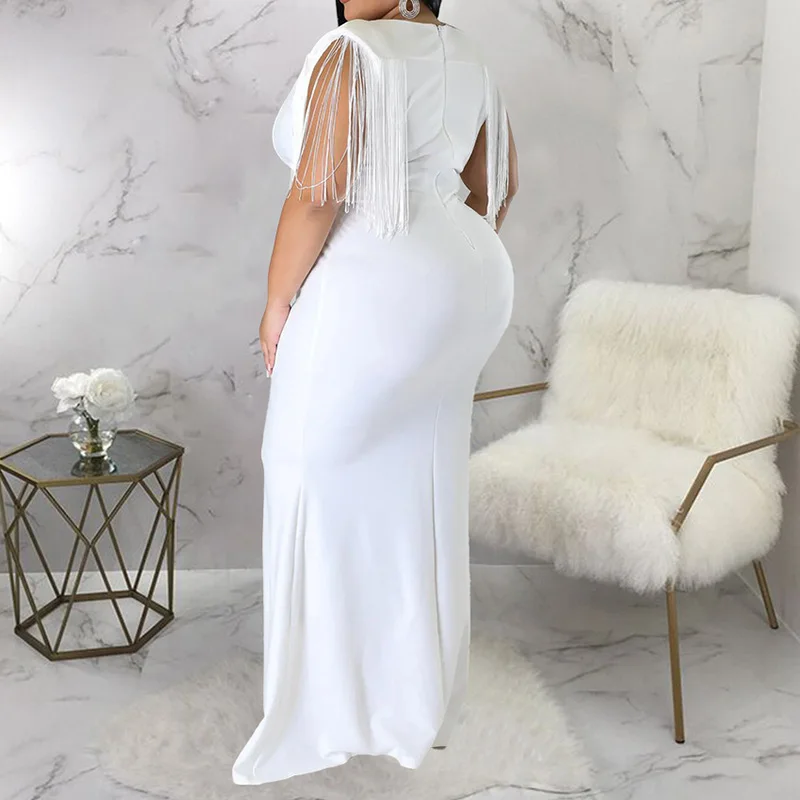 Temperament Back Zipper Slim Plus Size Party Dress Summer Women Sexy V-Neck Patchwork Tassel Sleeveless Bag Hip Maxi Long Dress