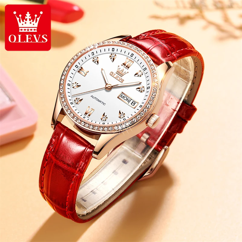 OLEVS Brand New Luxury Diamond Mechanical Watch for Women Leather Strap Waterproof Week Date Fashion Women Watches Montre Femme