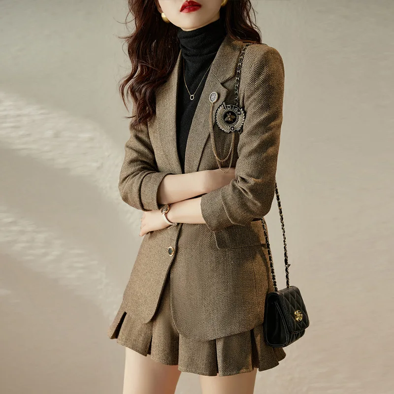 

Spring Autumn High Sense Long Sleeve Blazers for Women 2023 New Age-Reducing Suit Pleated Skirt Slimming Two-Piece Suit