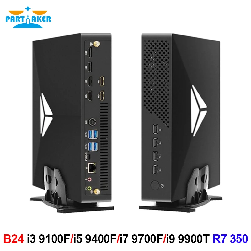 

Partaker 4K Mini PC Intel Core i9 9900T i7 9700F i5 9400F 6*HDM Video Card AMD Radeon R7 350 4G Desktop Computer HTPC 8*USB WiFi