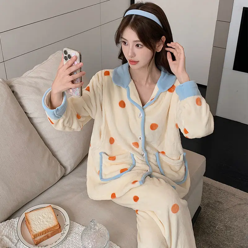 Women Confinement Clothing Winter Thickened Fleece-lined Postpartum Nursing Nightclothes Female Coral Velvet Warm Loungewear winter new women pajamas fleece lined thickened coral fleece cute nightclothes suit female flannel stand collar warm loungewear