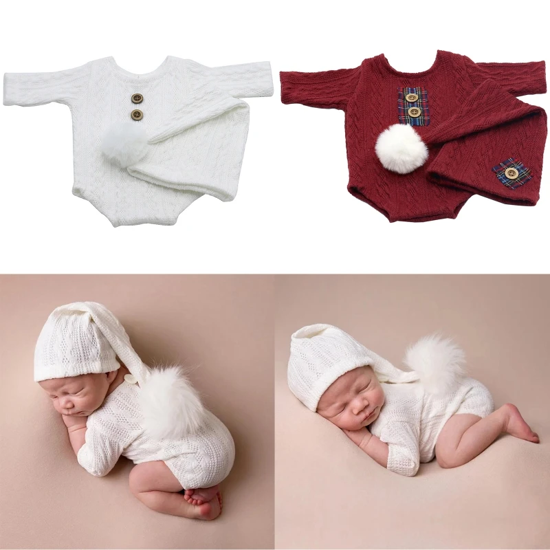 Newborn Muslin Hat & Long Sleeves Knitted Shirt Photo Shooting Set Photo Props Baby Jumpsuits Xmas Costume For Boys Girl