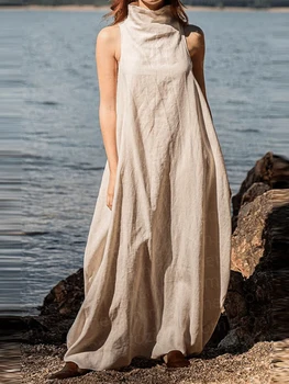 2025 Abito da festa ampio senza maniche elegante Abito lungo da donna con collo in piedi alla moda Abito da vacanza maxi da spiaggia solido drappeggiato casual 1