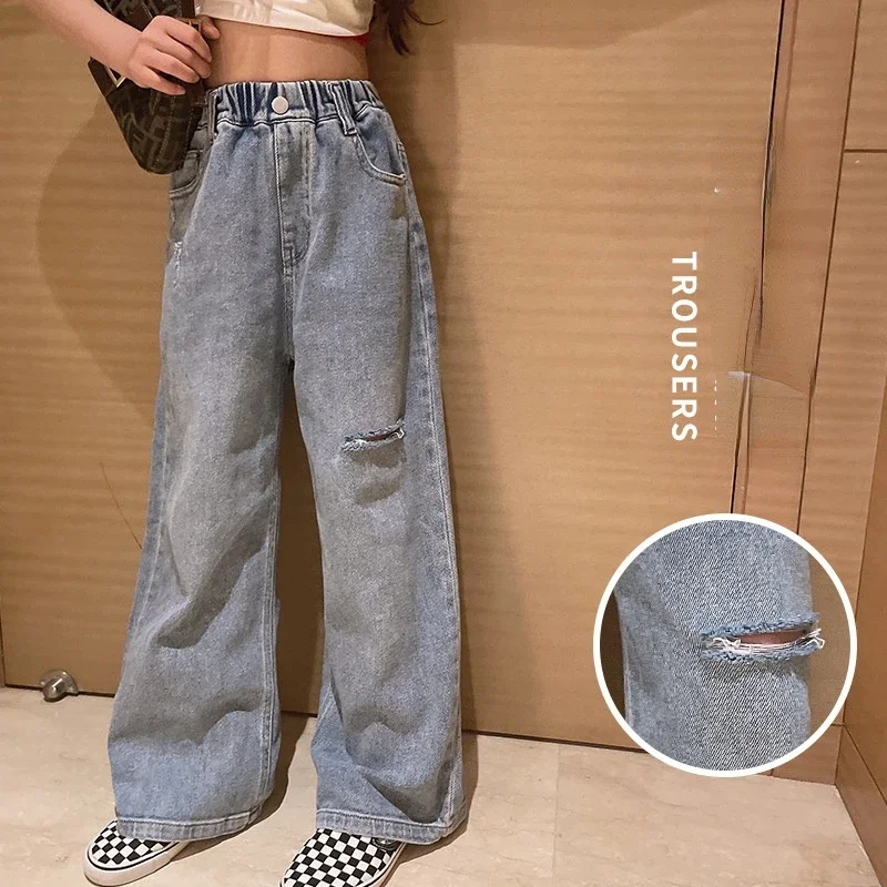 Girls Long Jeans Blue Ripped Wide Leg Jeans for Kids Fashion All
