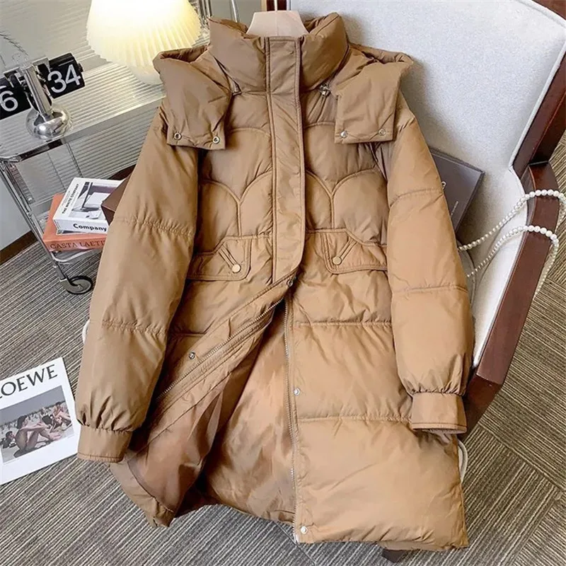 

Женское однотонное зимнее пальто с капюшоном, новая Толстая однобортная куртка Паркер на молнии средней длины, Свободная Женская одежда ZM091