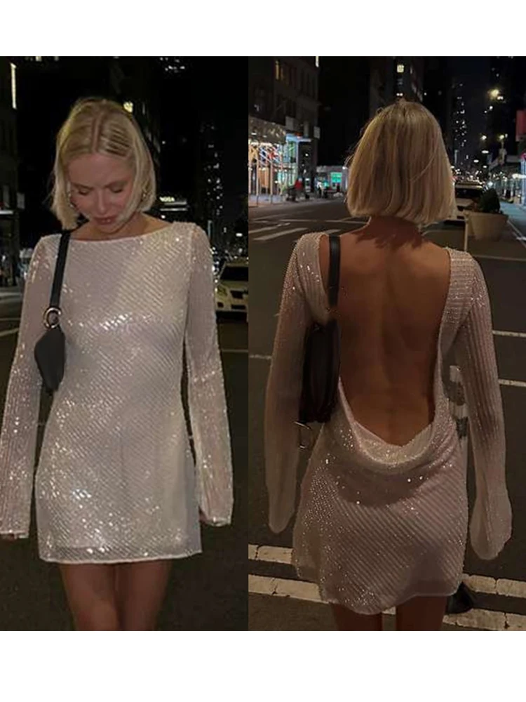 Sexy Sequin Mini Dress Women Slim Backless Elegant Round Neck Party Vestidos Female 2024 Summer Chic Long Sleeves Dresses Lady