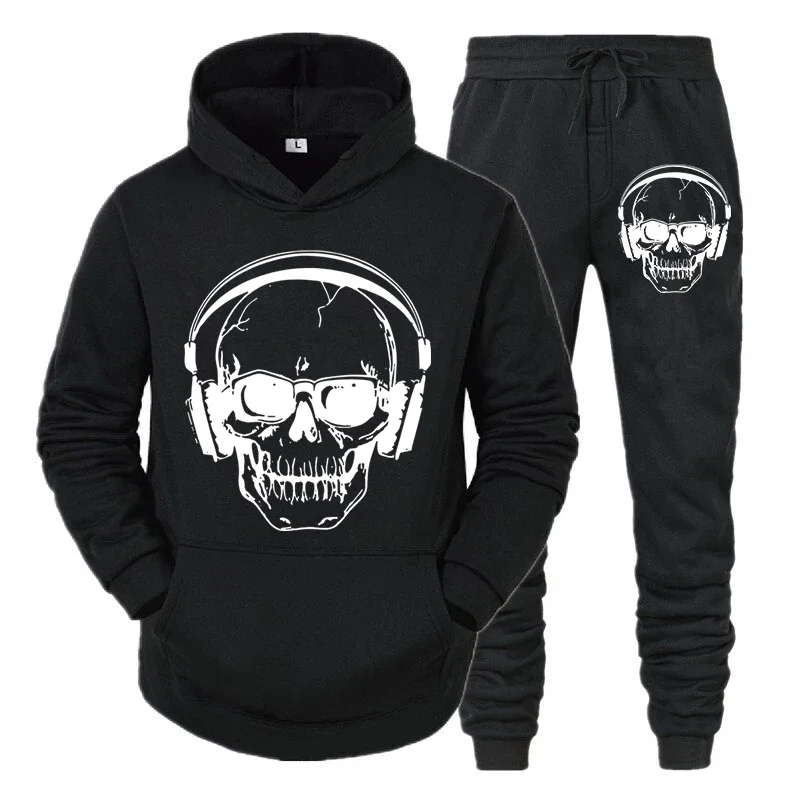 thumbnail image 1 of Chándal informal para hombre, divertido traje deportivo con capucha de manga larga con estampado de calavera de DJ y música, sudaderas y pantalones de otoño, conjuntos de dos piezas de moda, 1 of 4