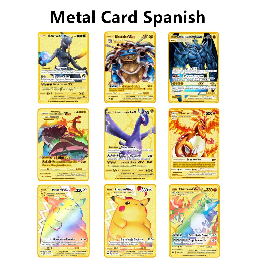 Испанские карты покемона металлические Покемоны испанские железные Mewtwo Pikachu Gx EX