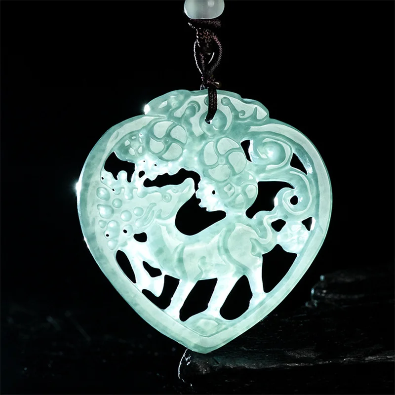

Mai Chuang/ Natural Jade Blue Water Hollow Sika Deer Necklace Pendant Hand-carved Men Women Couple Gift Amulet Send Certificate