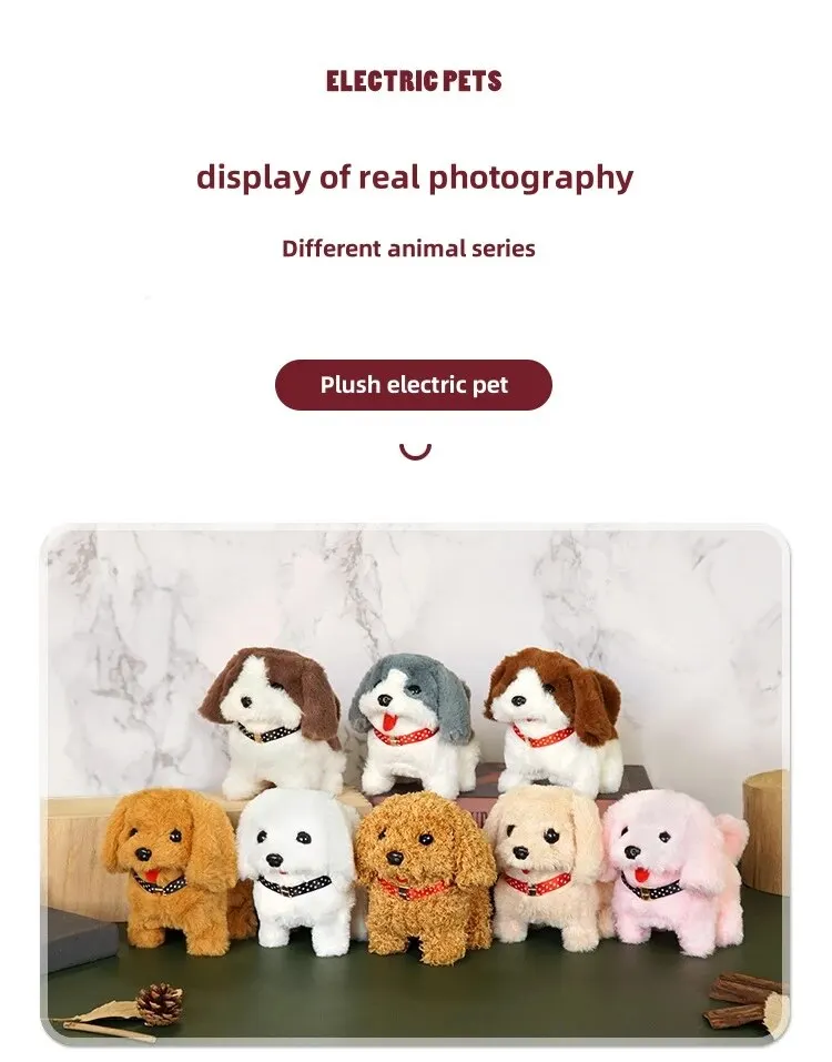 Walking Dog Toy 5.9 Inch Tall Cute Barking with Bell and Puppy Leash Interactive Tail Waking Realistic Plug