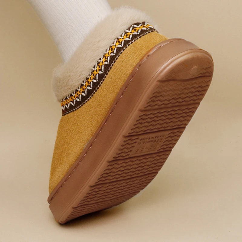 National Style Embroidery Fluffy Cotton Slippers Women Thick Sole Non Slip Faux Fur Slides Woman Short Plush Snow Boots Female