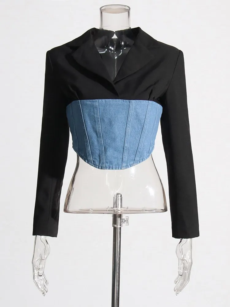 KBQ Hit Color Patchwork Denim Blazer For Women Notched Collar Long Sleeve Slimming Short Blazer Female Autumn Fashion Clothing