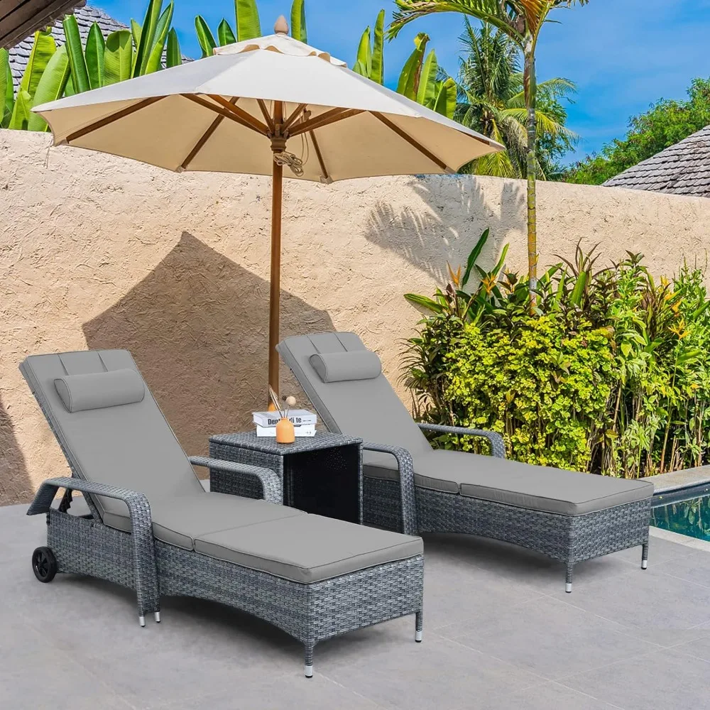 

Valita Patio Rattan Chaise Lounge with Rolling Wheels Adjustable Reclining Backrest 3-Piece Outdoor PE Wicker Sun Bathing Chair