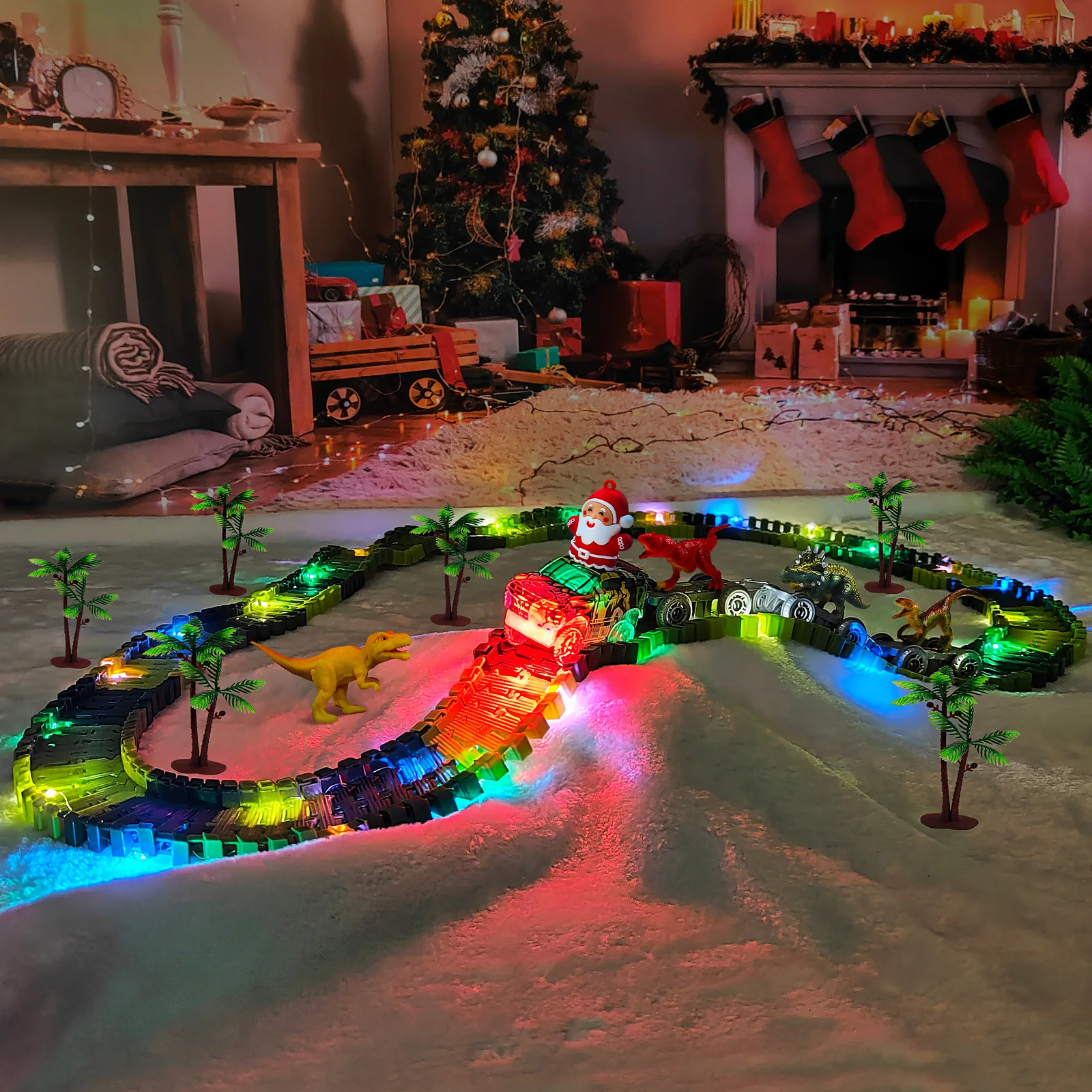Christmas Dinosaur Toys Create A Dinosaur World Road Race-Flexible Track Santa Claus Car for 3 4 5 6 Year Up Old Boy Girls Gift