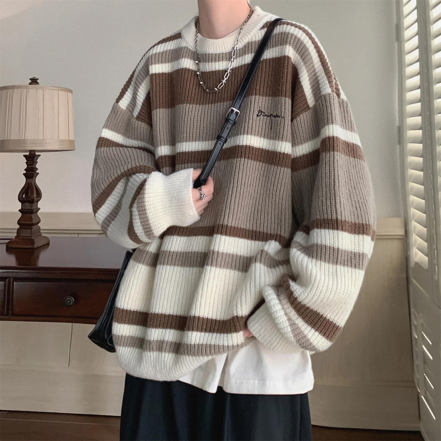 

2022 Winter Men's Long Sleeve Wool Sweaters Keep Warm Round Neck Pullover Homme Clothes Knitting Striped Printing Coats M-2XL