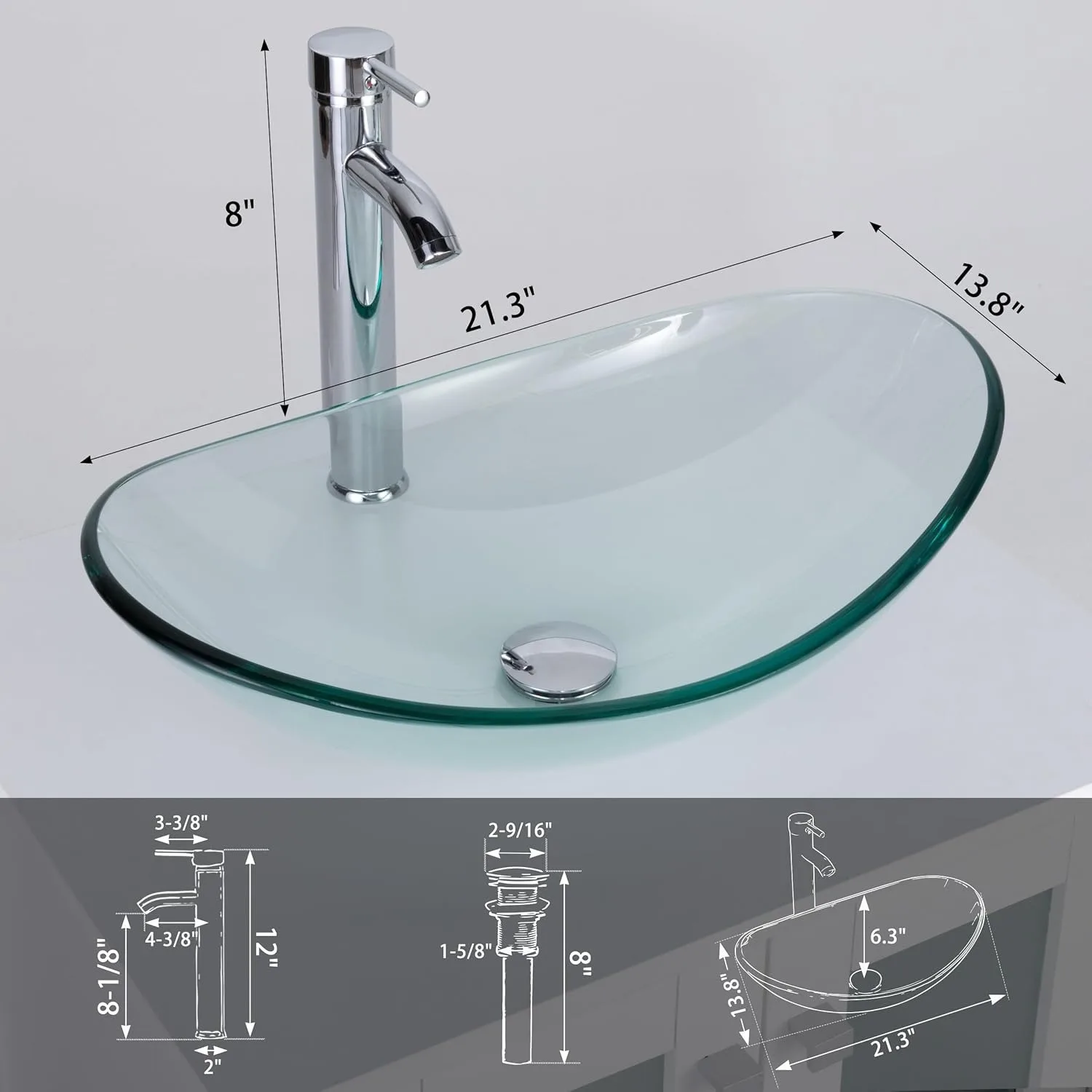 21.5" Bathroom Vessel Sink Modern Artistic Single Clear Boat Tempered Glass Basin Bowl Sink, W/Water Save Faucet Pop Up Drain 6