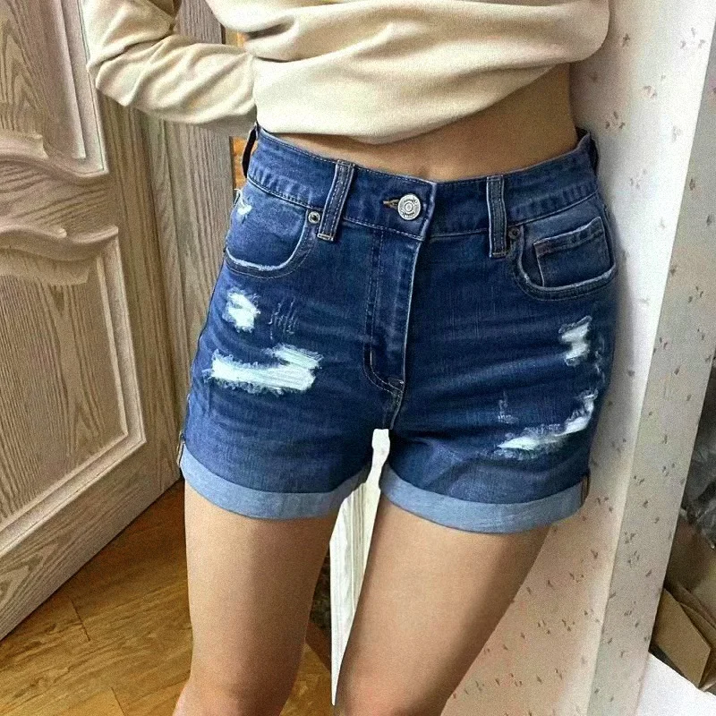 2023SummerDenimShortsRippedStyleWomenCasualSlimElasticHigh