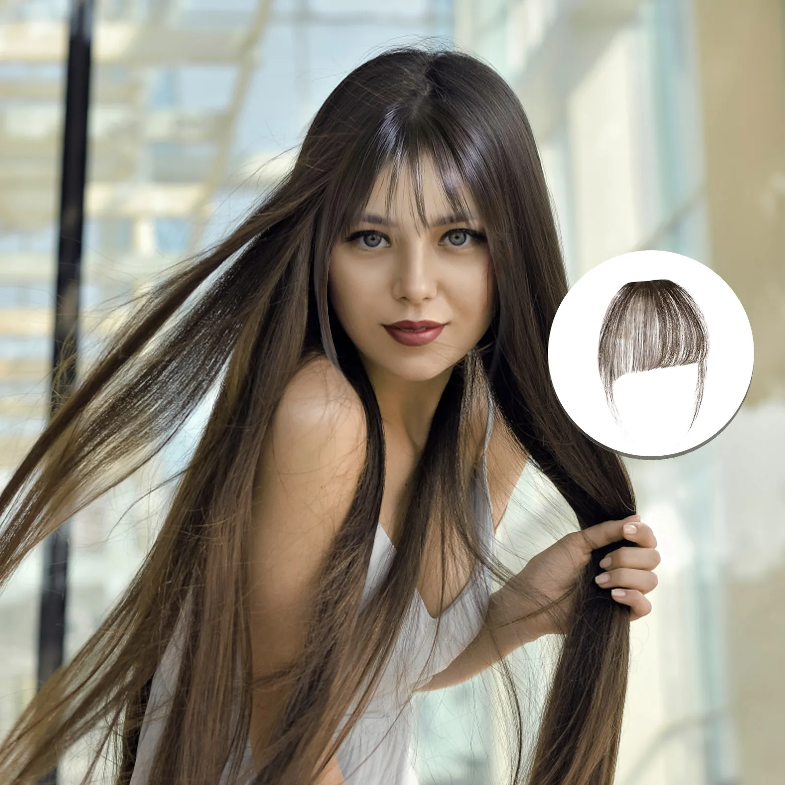 

Human Hair Bangs Natural Brown Wispy Bang Hair Clip in Bangs Fringe with Temples Hairpiece for Women Clip on Air Bang