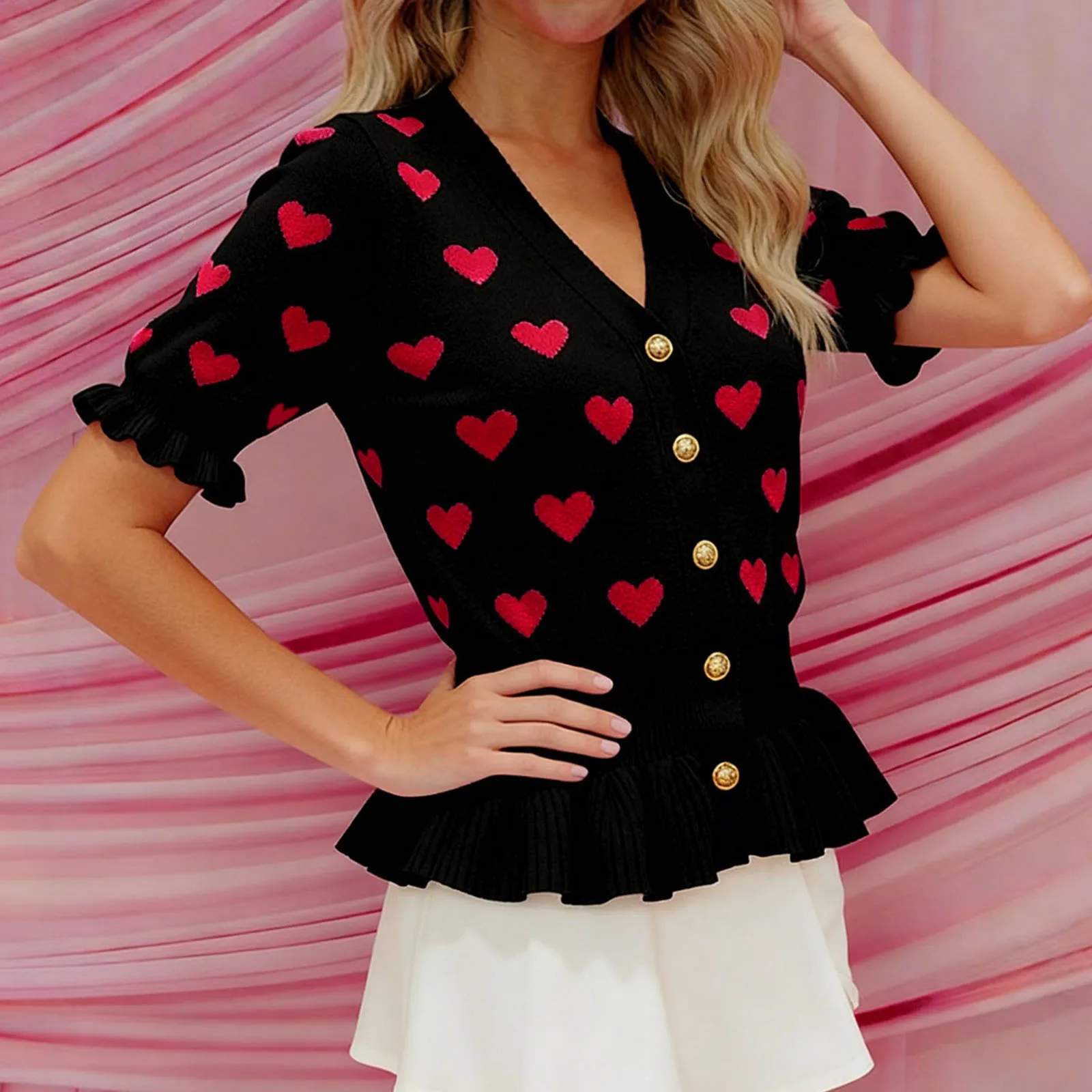 여성용 발렌타인 니트 가디건 스타일리시한 하트 패턴 러플 헴 버튼 다운 브이넥 반소매 스웨터 재킷