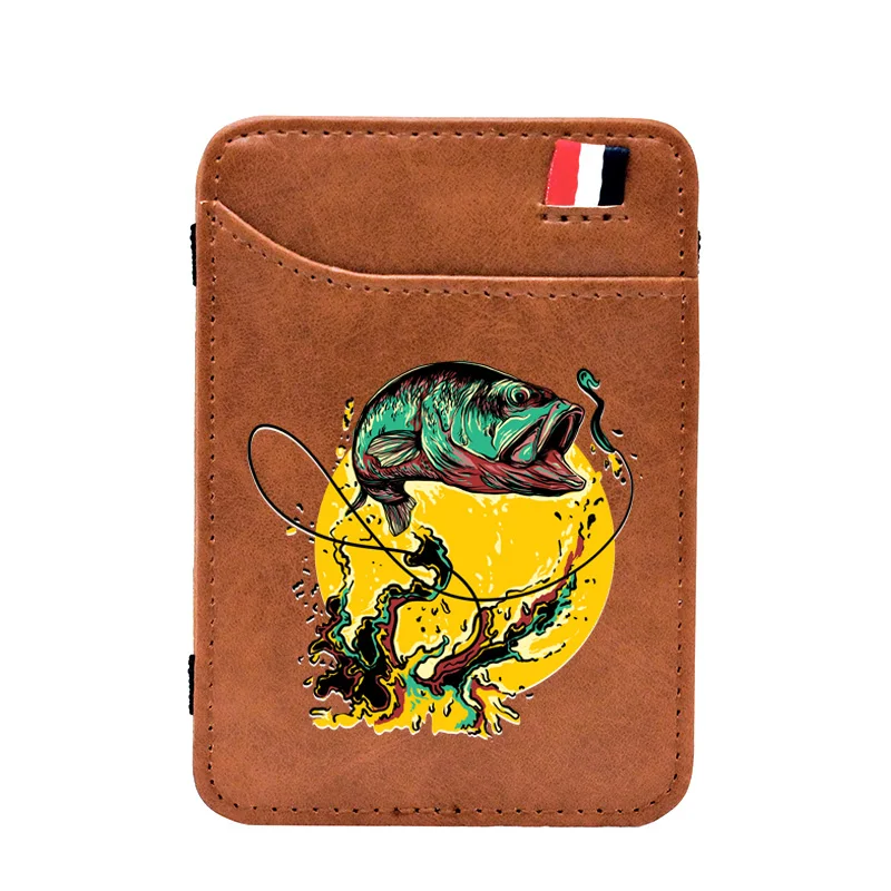 

Brown Vintage Casual Fishing Printing Leather Magic Wallets Classic Men Women Money Clips Card Purse Cash Holder