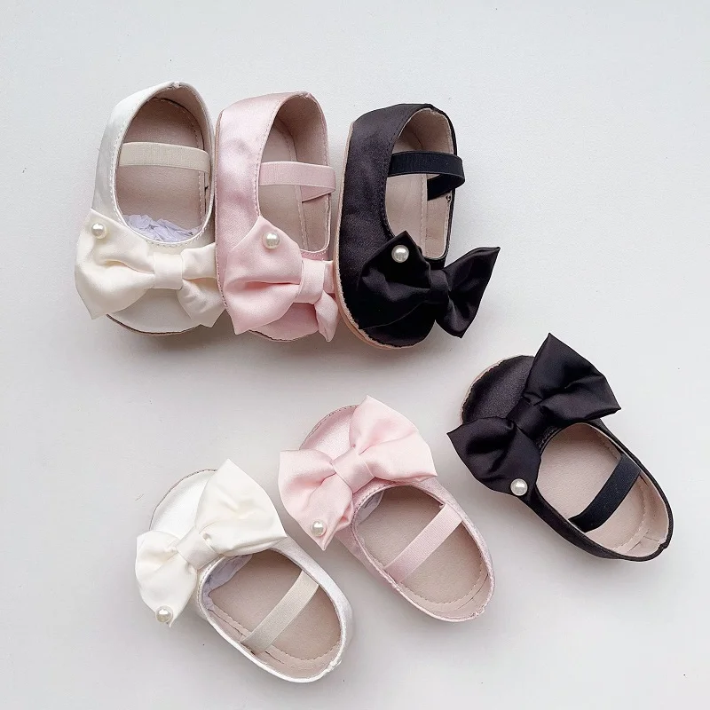 Cute Baby Shoes 2024 Spring Newborn Princess Girls Solid Color Pearl Bow Soft Tole Non-Slip PU Leather First Walkers 0-18Months