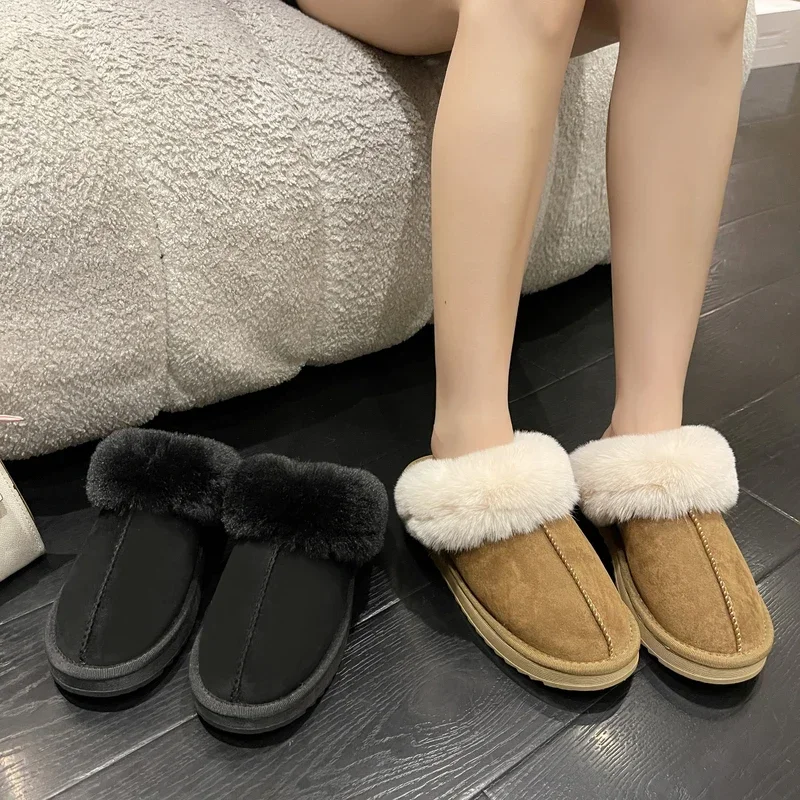 

Fur Slippers Women Flip Flops Winter Flats Short Plush Warm Home Cotton Shoes 2022 New Casual Mules Shoes Platform Suede Boots