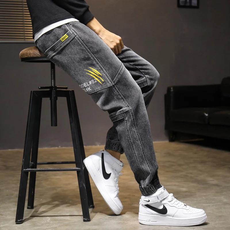 Men's Cotton Jeans Hip Hop Casual Elastic Waist Denim Pants Straight Jooger Streetwear Full Length Pants Oversize M-5XL Trousers