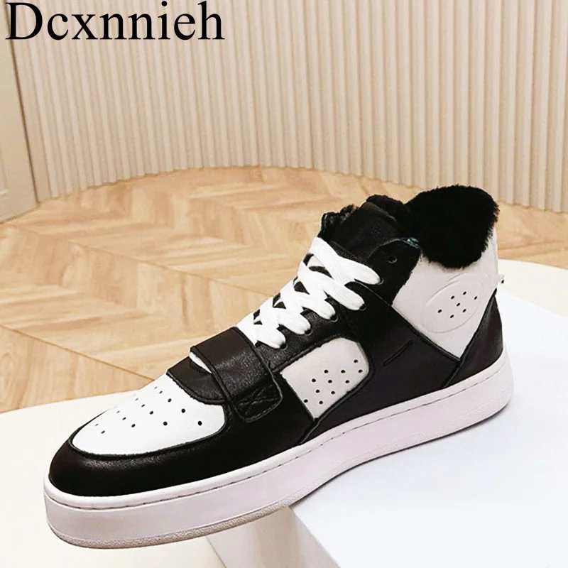 

Mixed Colors Walking Shoes Genuine Leather Lace-up Flat Shoes Autumn Winter Wool Lining High Top Shoes Unisex Casual Shoes