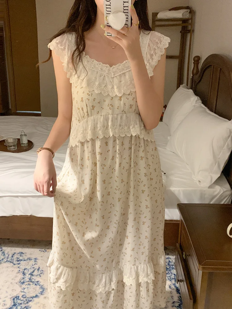 

Floral Lace Wear Out Home Summer Print Flowers NightDress Women Sweet V-Neck Sling Sleepwear Sleeveless Elegant Casual Ins