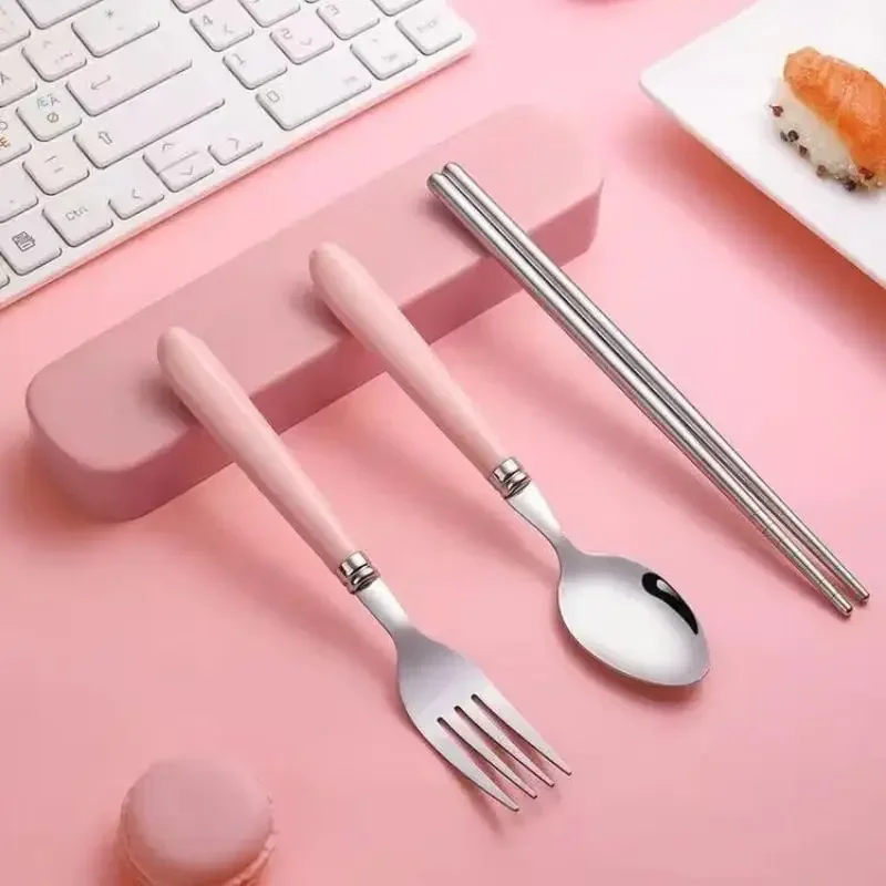 Vaisselle Portable en acier inoxydable pour étudiants, boîte à déjeuner de voyage en plein air, cuillère fourchette baguettes ensemble avec mallette de rangement cadeau pour adulte