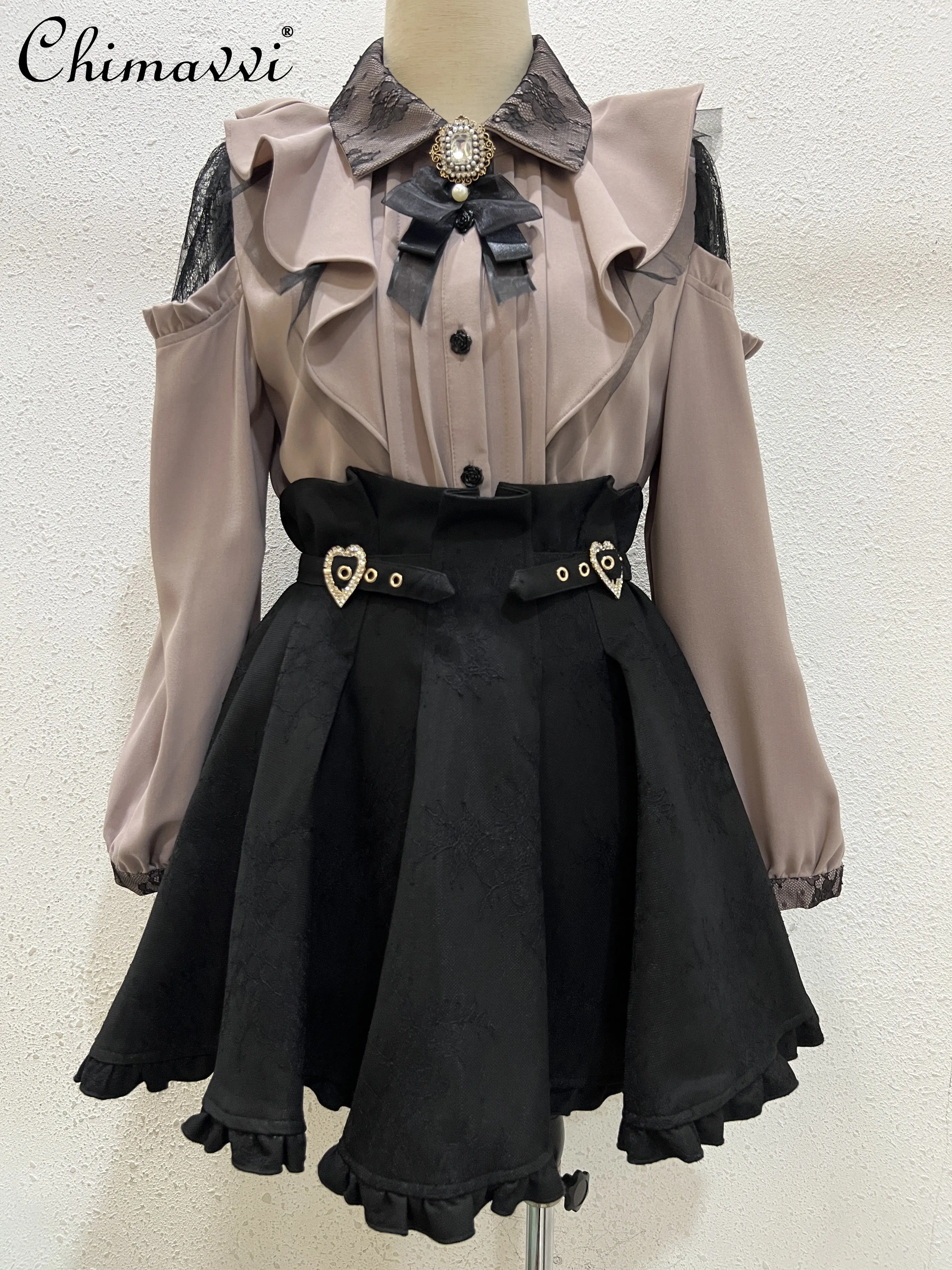 

Japanese Rojita Mine Off-Shoulder Lace Stitching Pearl Rhinestone Bow Tie Shirts Autumn Fashion Sweet Long Sleeve Blusas Tops