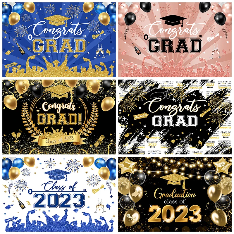 

Class Of 2023 Students Graduation Ceremony Background Balloons Bachelor's Cap Decoration Graduation Greeting Card Poster Studio