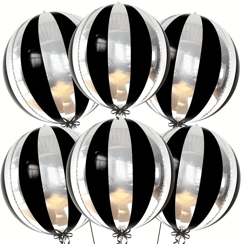 6er-Pack 22 Zoll 4D perfekter runder schwarz-silbergestreifter Aluminiumfolienballons, geeignet für verschiedene Partydekorationen