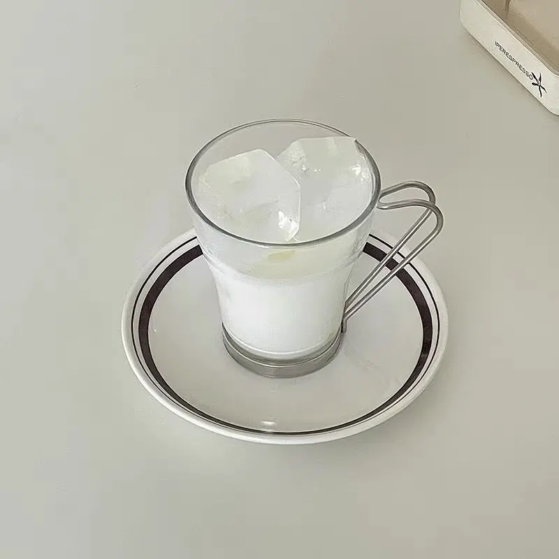 

Glass Coffee Cup with Stainless steel handle Korean Glass Mug Ins Style Milk Tea Juice Water Cups Breakfast Cup
