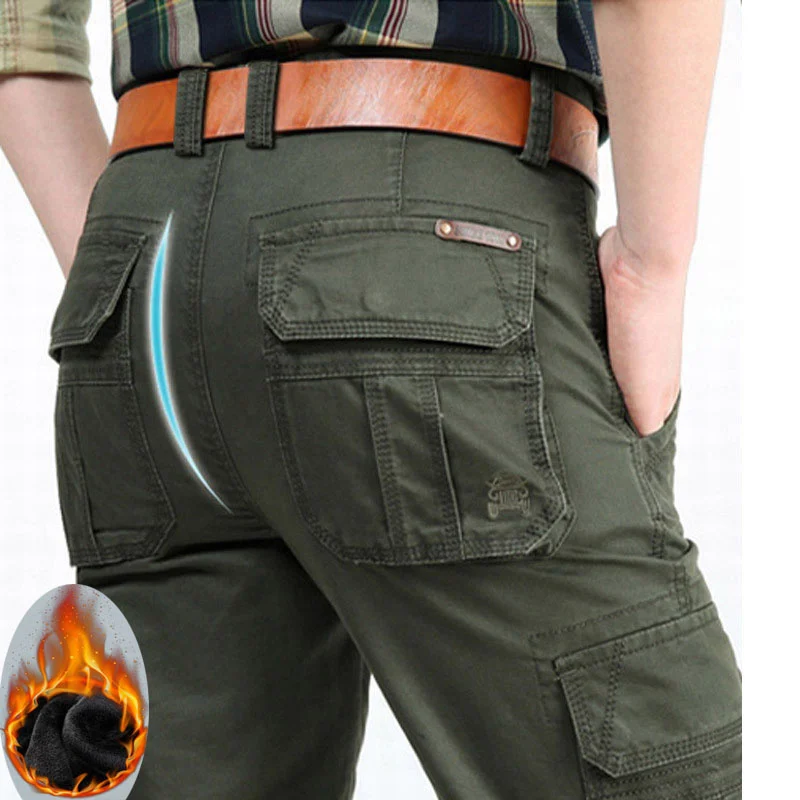 

Men's Winter Fleece Cargo Pants Multi-pockets Baggy Joggers Thick Military Casual Long Trousers Autumn Army