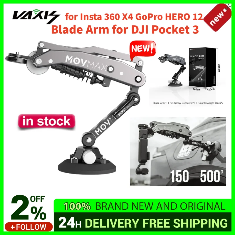Vaxis Movmax 블레이드 암, DJl 포켓 3 Insta 360 X4 GoPro HERO 12 휴대폰용, 유압 조절 가능한 댐핑 N2 암 기술