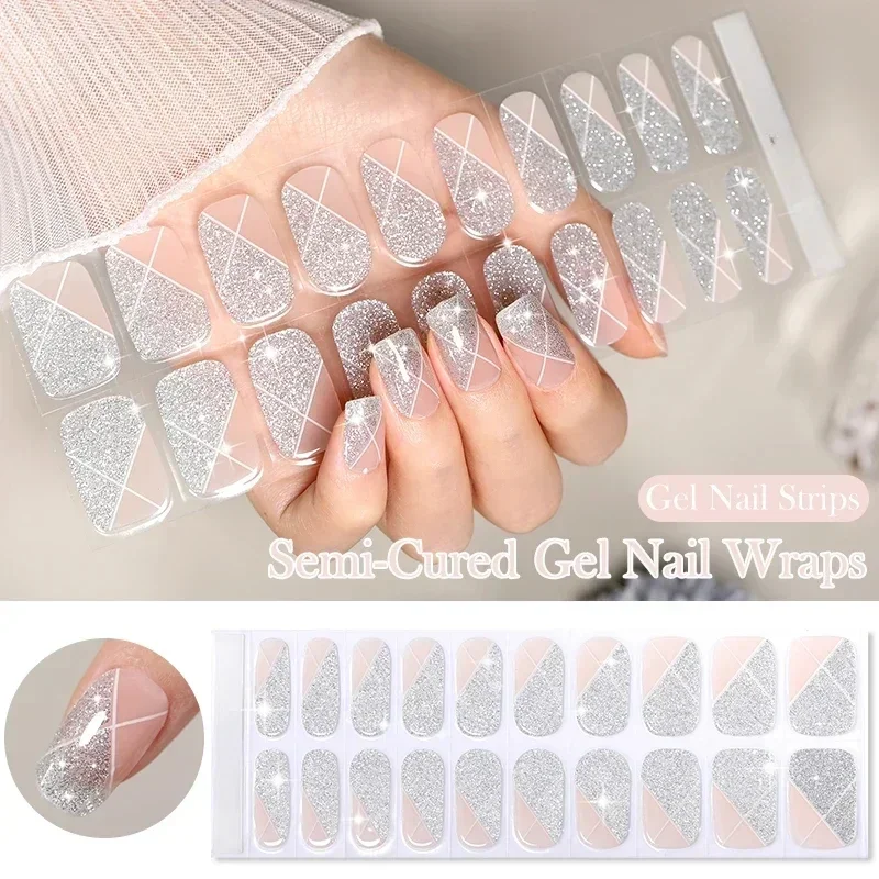 흰색 프렌치 젤 네일 스트립 패치 슬라이더, UV/LED 램프 경화 접착제, 오래 지속되는 풀 커버 프레스 온 젤 네일 스티커 매니큐어