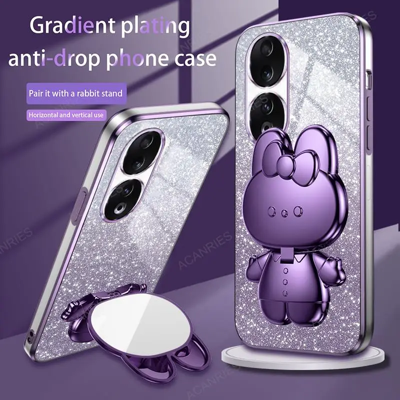 Cute 3D Rabbit Makeup Mirror Stand Plating Soft Phone Case - Protective Back Cover