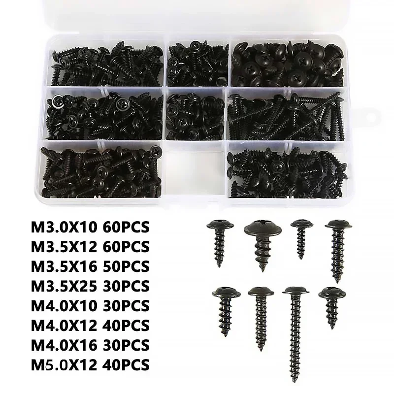 Kit de parafuso preto auto-roscante, aço carbono, cabeça redonda da bandeja, parafuso de rosca com arruela, PWA, M3, M3.5, M4, M4.8, 340pcs