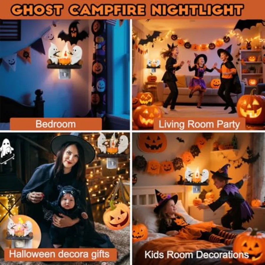 Ghost Campfire Nightlight for Halloween Decor: 3D Spooky Fire Flickering Night Light with Marshmallow Ambience Ideal for Outdoo
