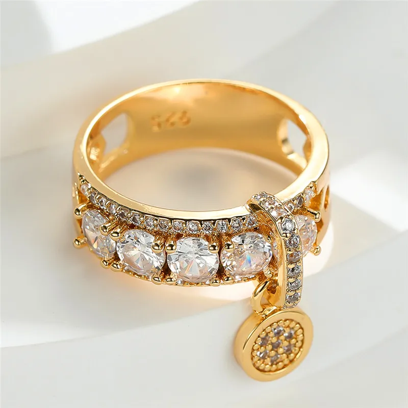 Luxury Female Crystal White Round Zircon Stone Engagement Ring Cute Yellow Gold Color Wedding Jewelry For Women